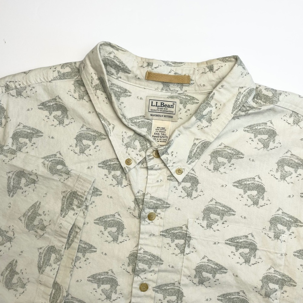 LL Bean Hemp Blend Shirt Mens 3XLT Trout Fish Print Short Sleeve Slightly Fitted